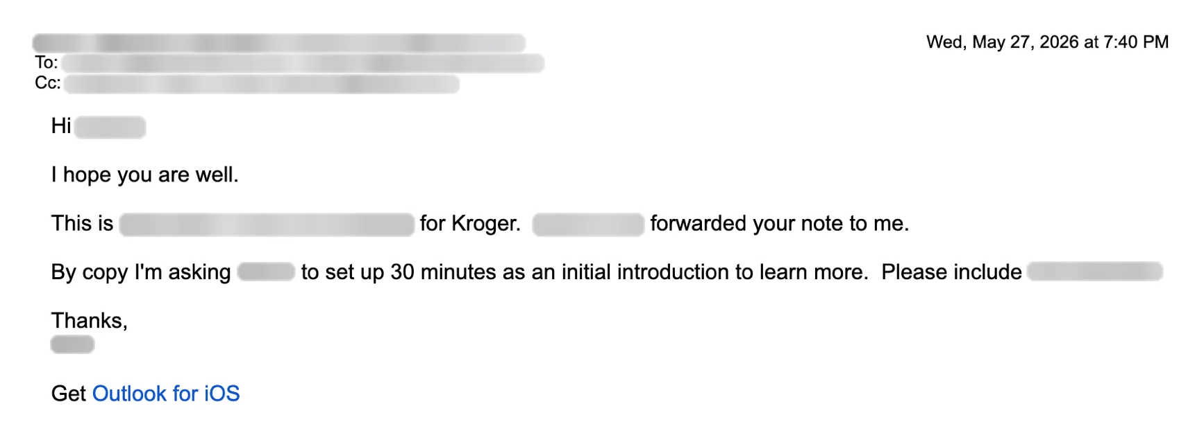 Email reply asking for a meeting. Names blurred.