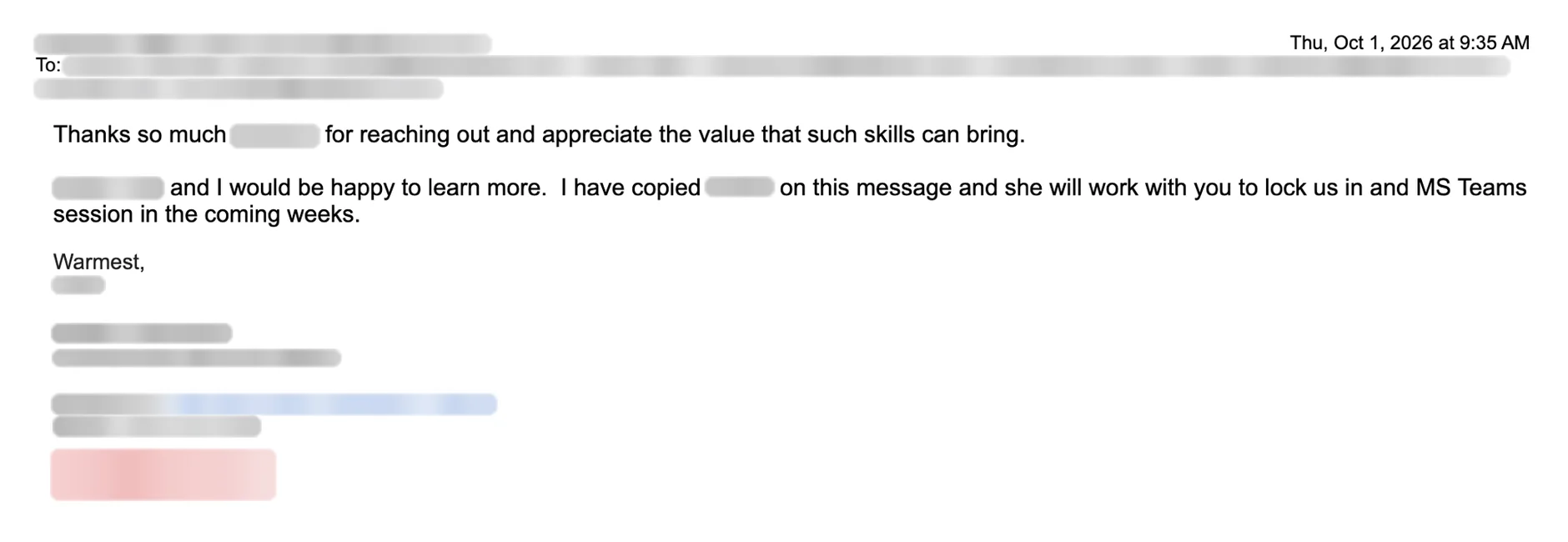 Email reply asking for a meeting. Names blurred.