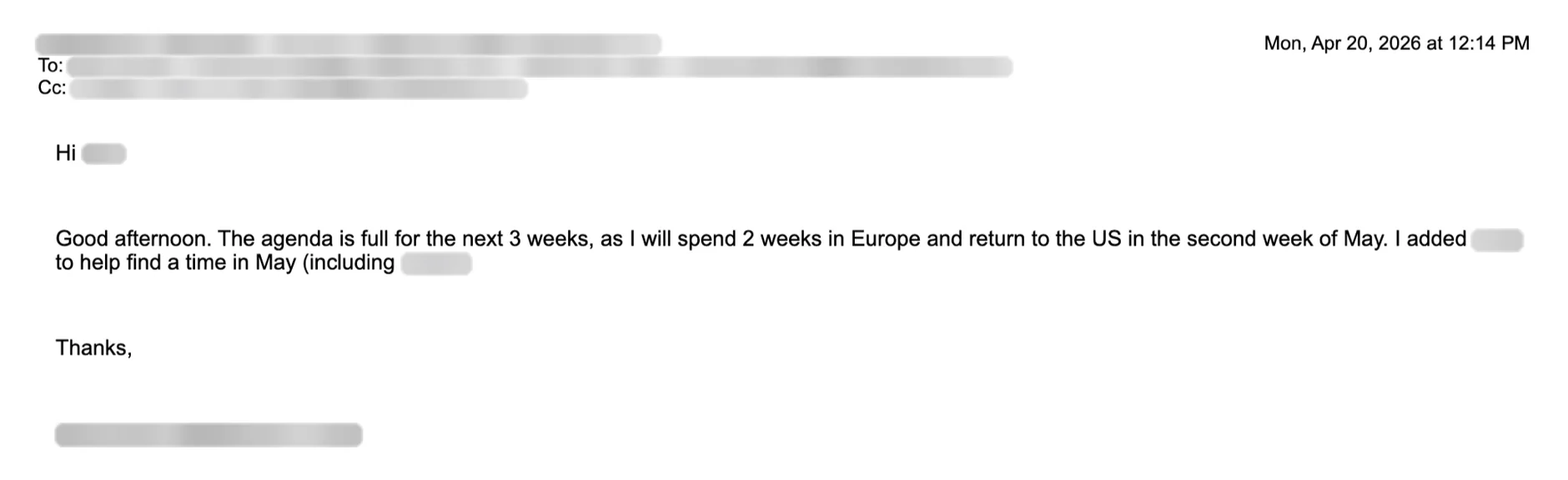 Email reply asking for a meeting. Names blurred.
