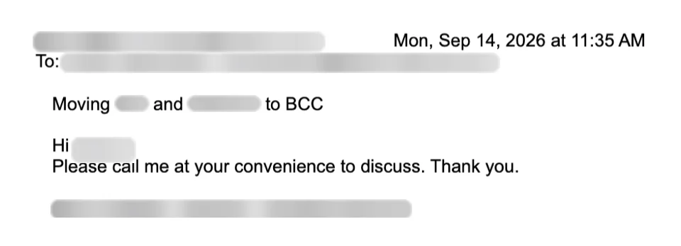 Email reply asking for a meeting. Names blurred.