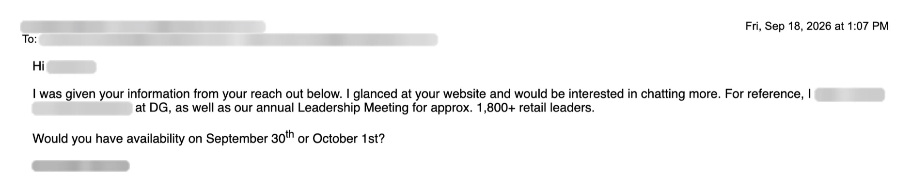 Email reply asking for a meeting. Names blurred.