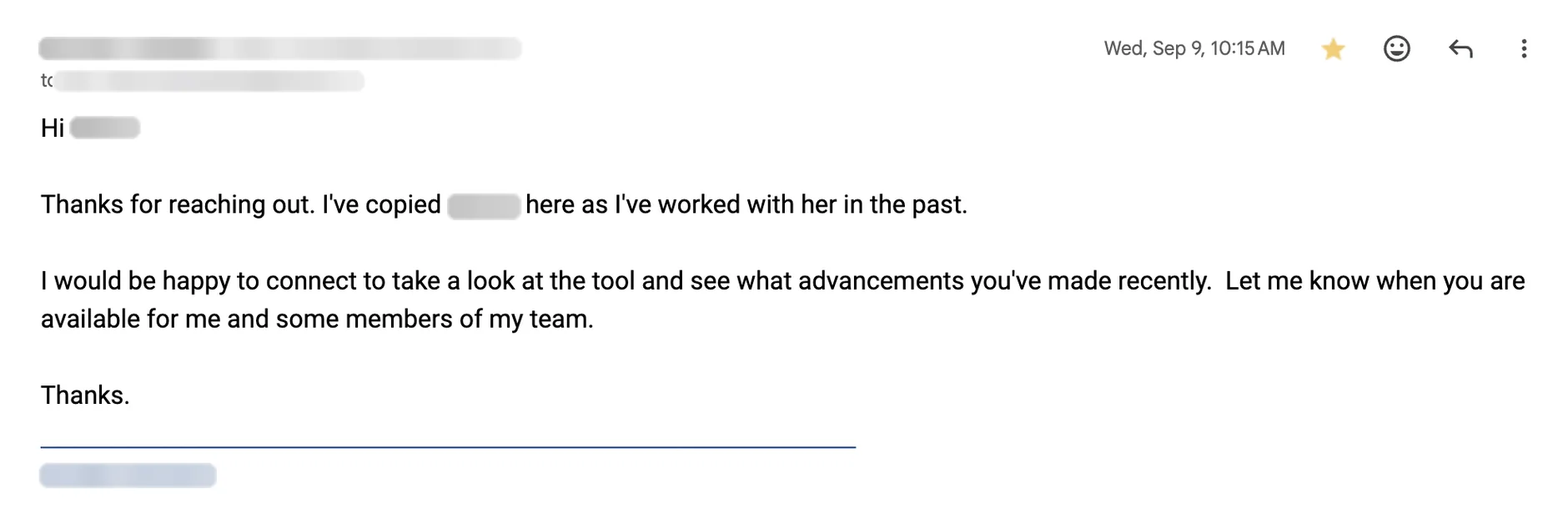 Email reply asking for a meeting. Names blurred.