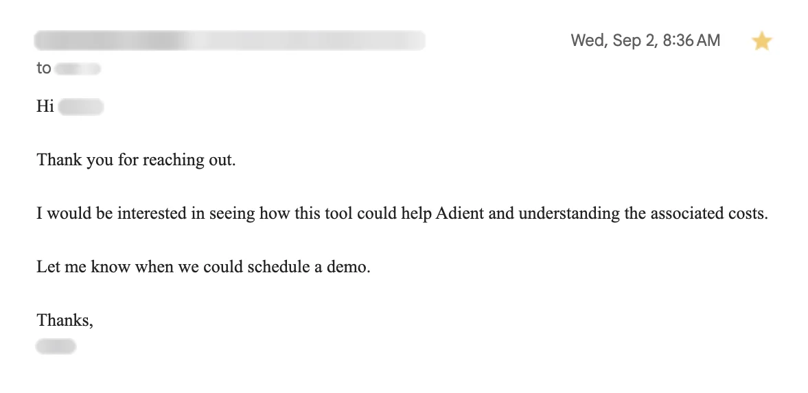 Email reply asking for a meeting. Names blurred.