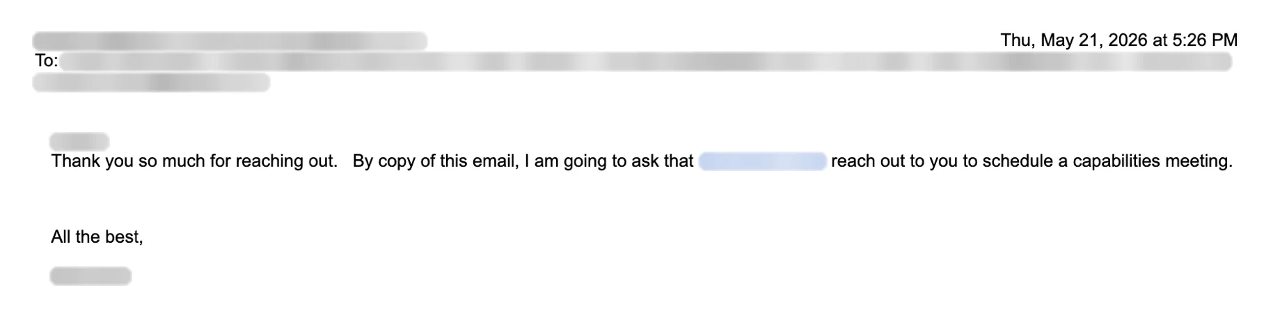Email reply asking for a meeting. Names blurred.