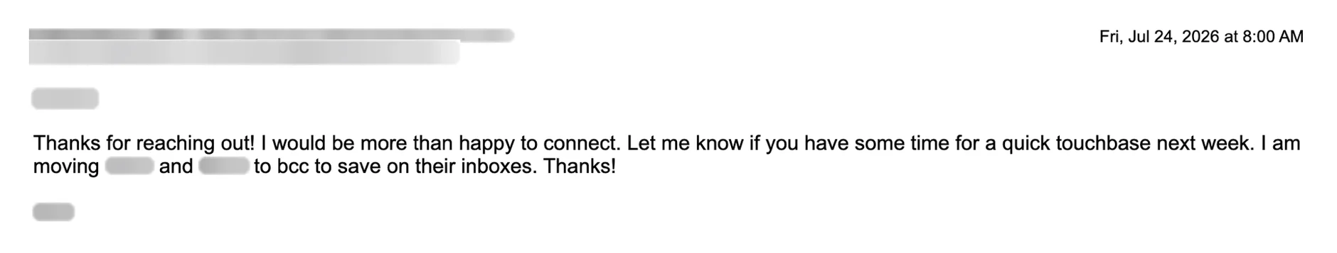 Email reply asking for a meeting. Names blurred.
