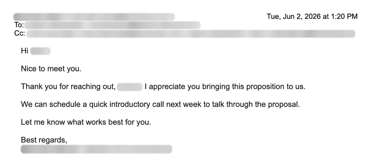 Email reply asking for a meeting. Names blurred.