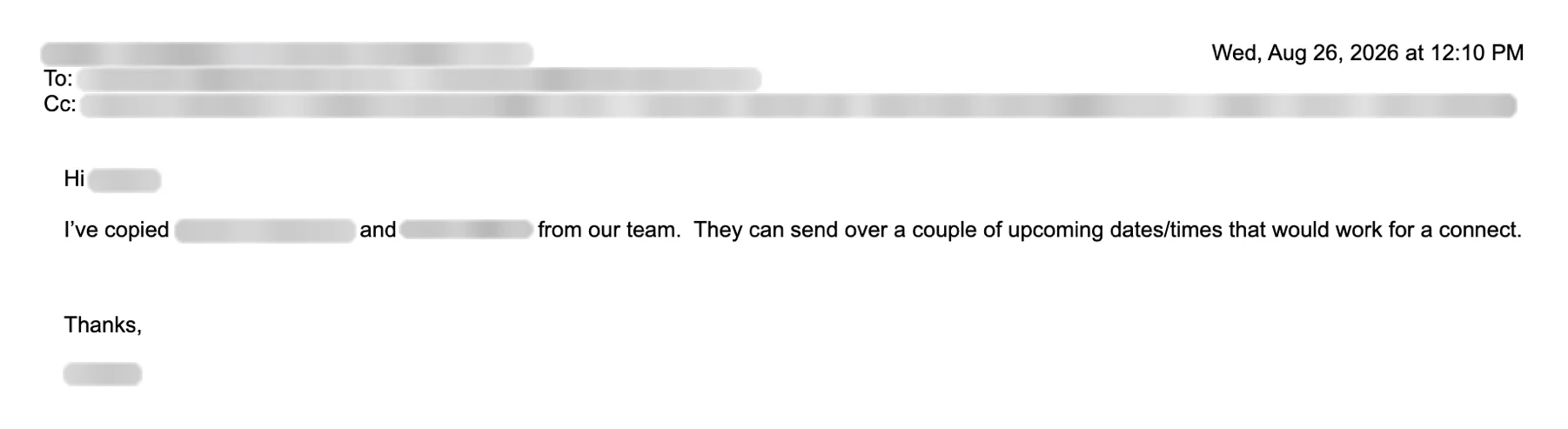 Email reply asking for a meeting. Names blurred.