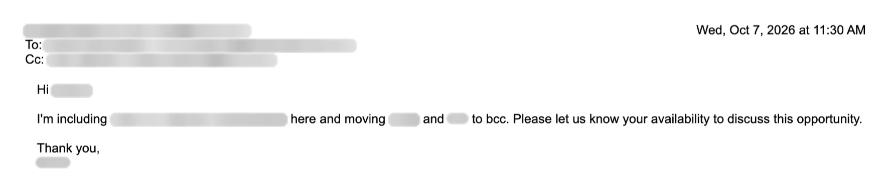 Email reply asking for a meeting. Names blurred.