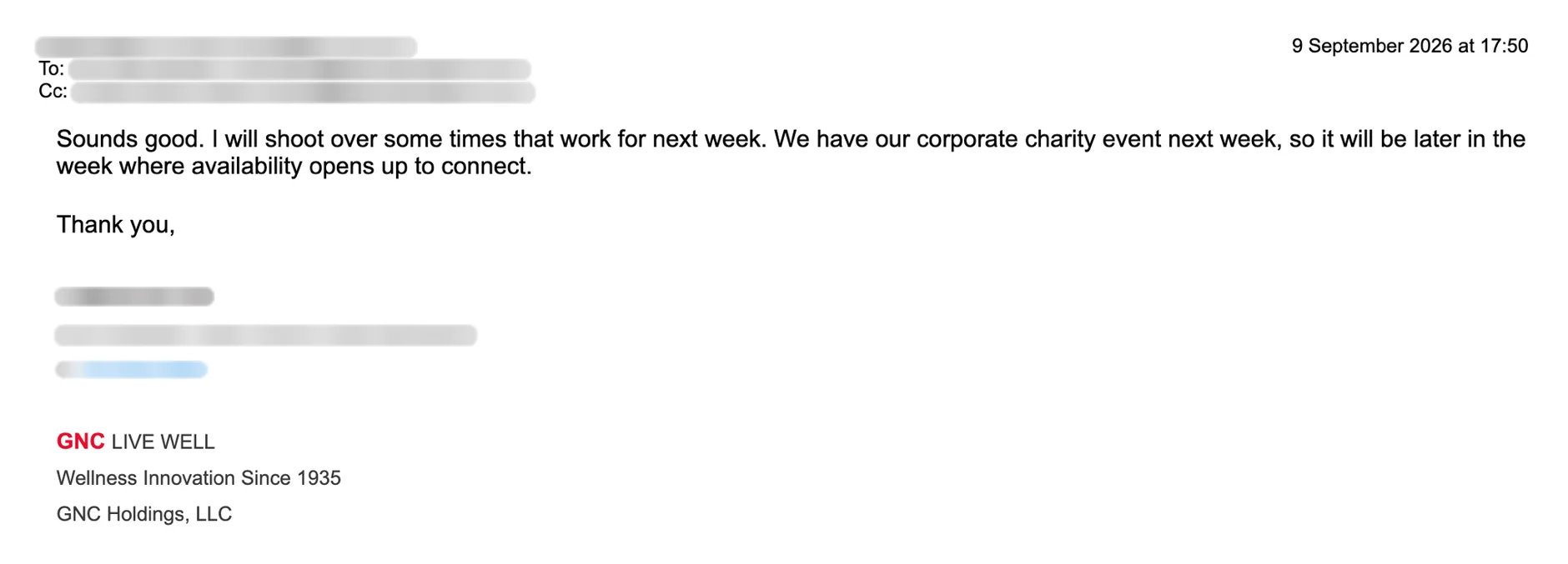 Email reply asking for a meeting. Names blurred.