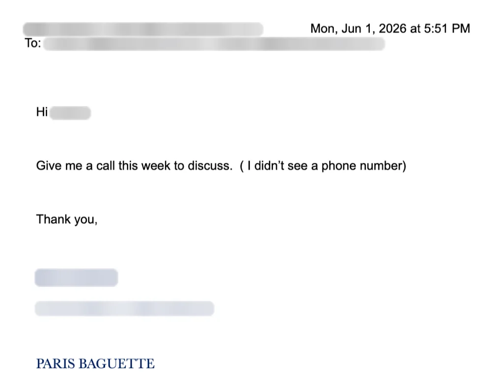 Email reply asking for a meeting. Names blurred.