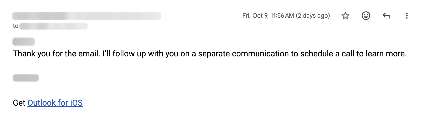 Email reply asking for a meeting. Names blurred.