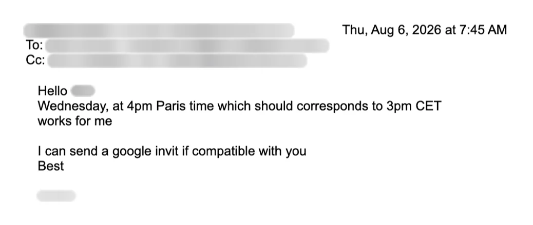 Email reply asking for a meeting. Names blurred.