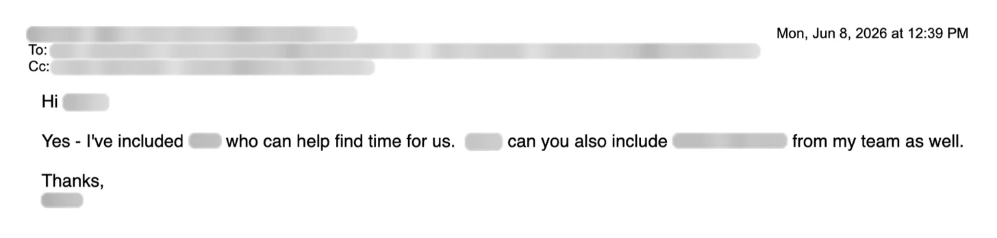 Email reply asking for a meeting. Names blurred.