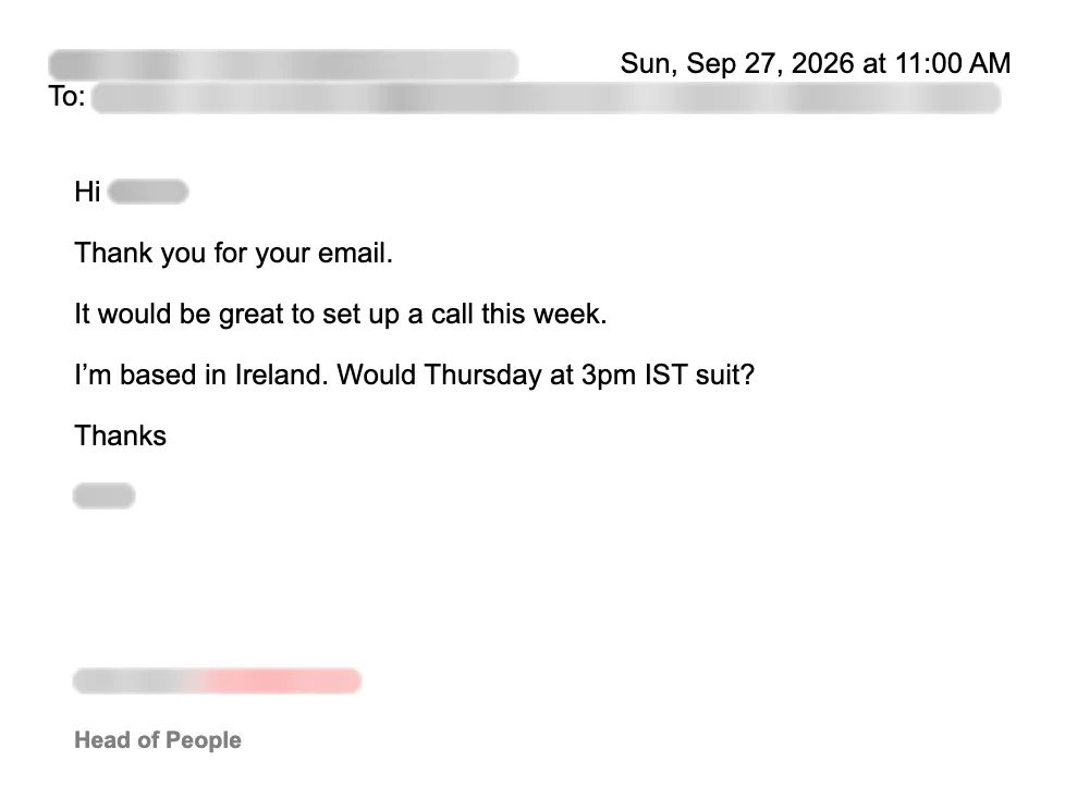 Email reply asking for a meeting. Names blurred.