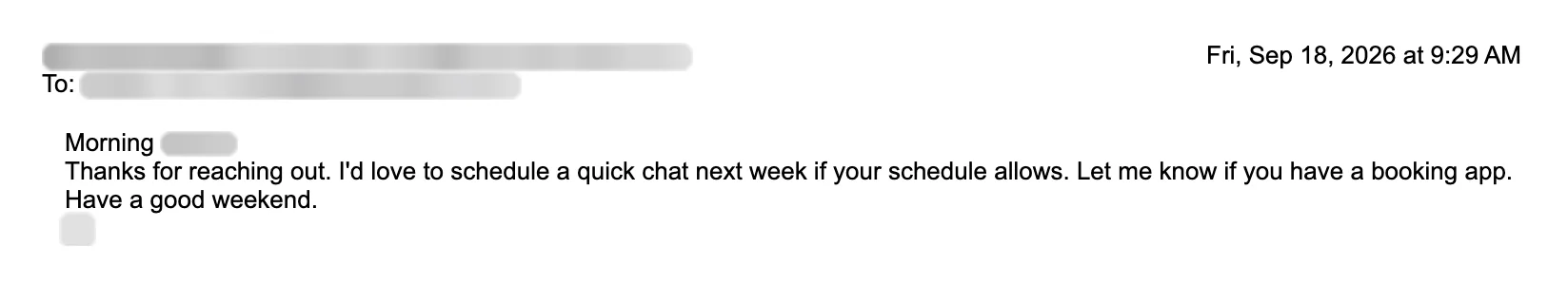 Email reply asking for a meeting. Names blurred.