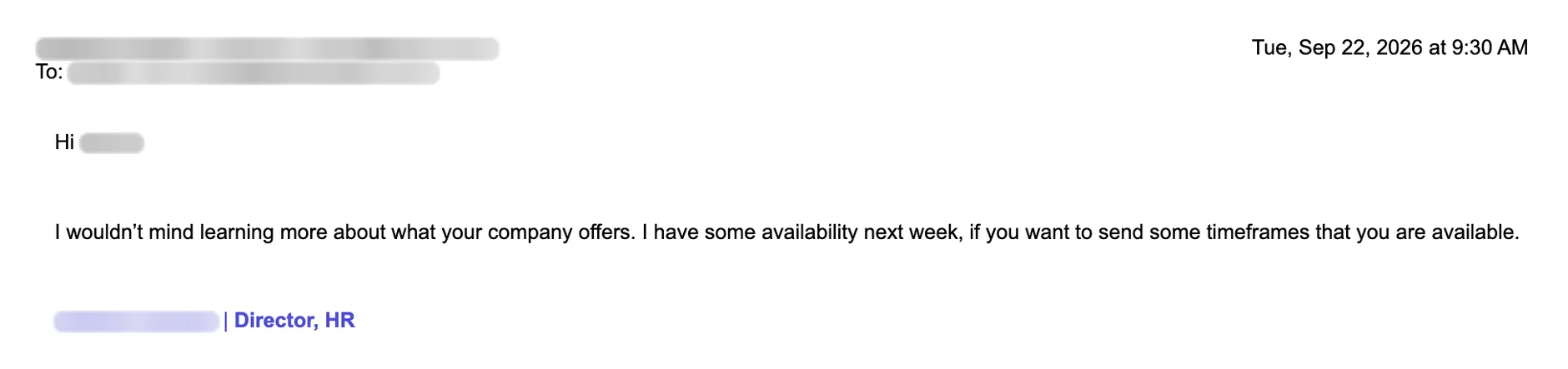 Email reply asking for a meeting. Names blurred.