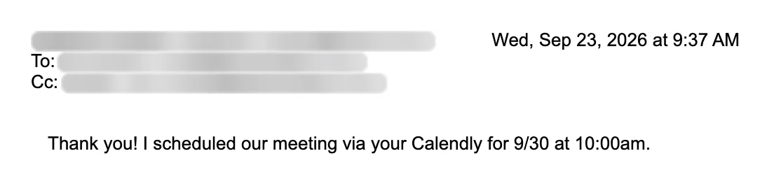 Email reply asking for a meeting. Names blurred.
