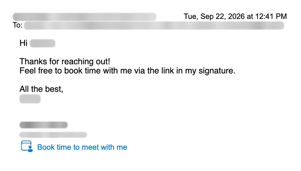 Email reply asking for a meeting. Names blurred.