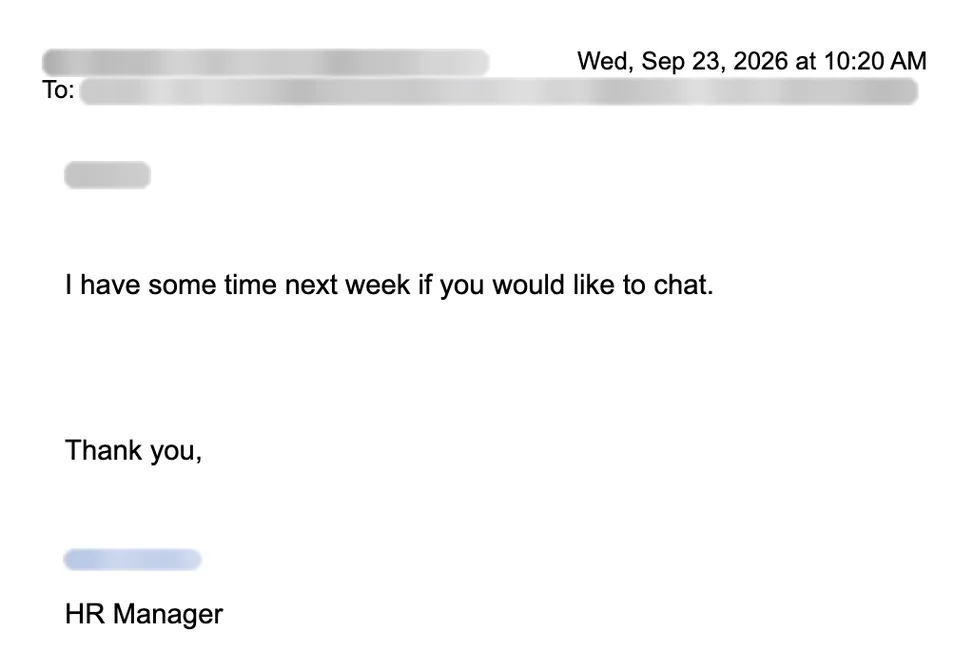 Email reply asking for a meeting. Names blurred.