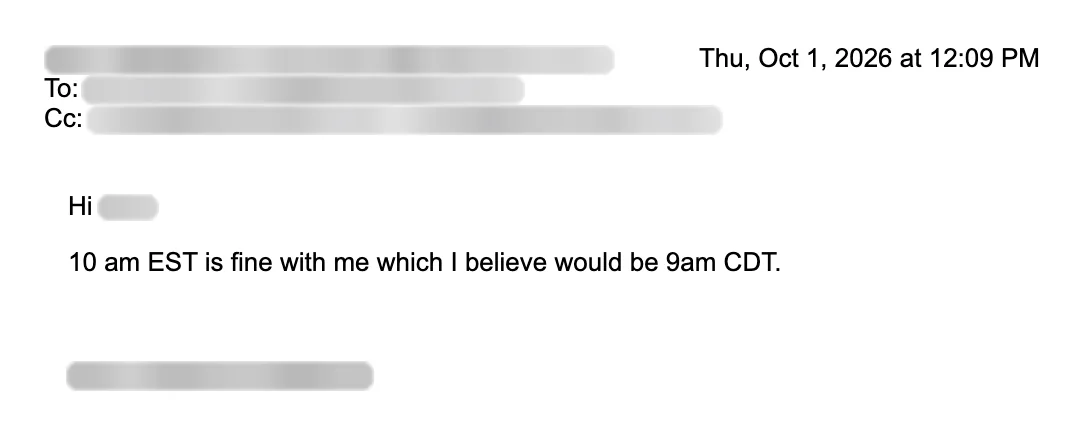 Email reply asking for a meeting. Names blurred.