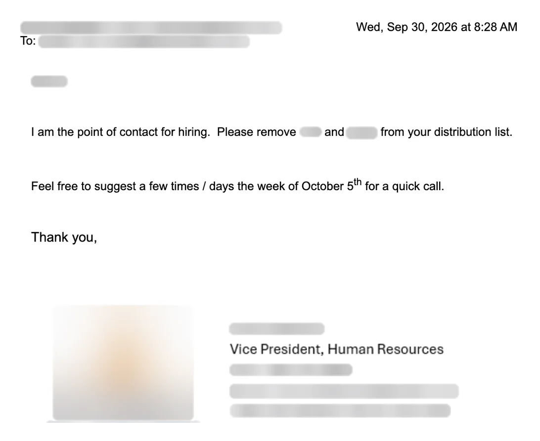 Email reply asking for a meeting. Names blurred.