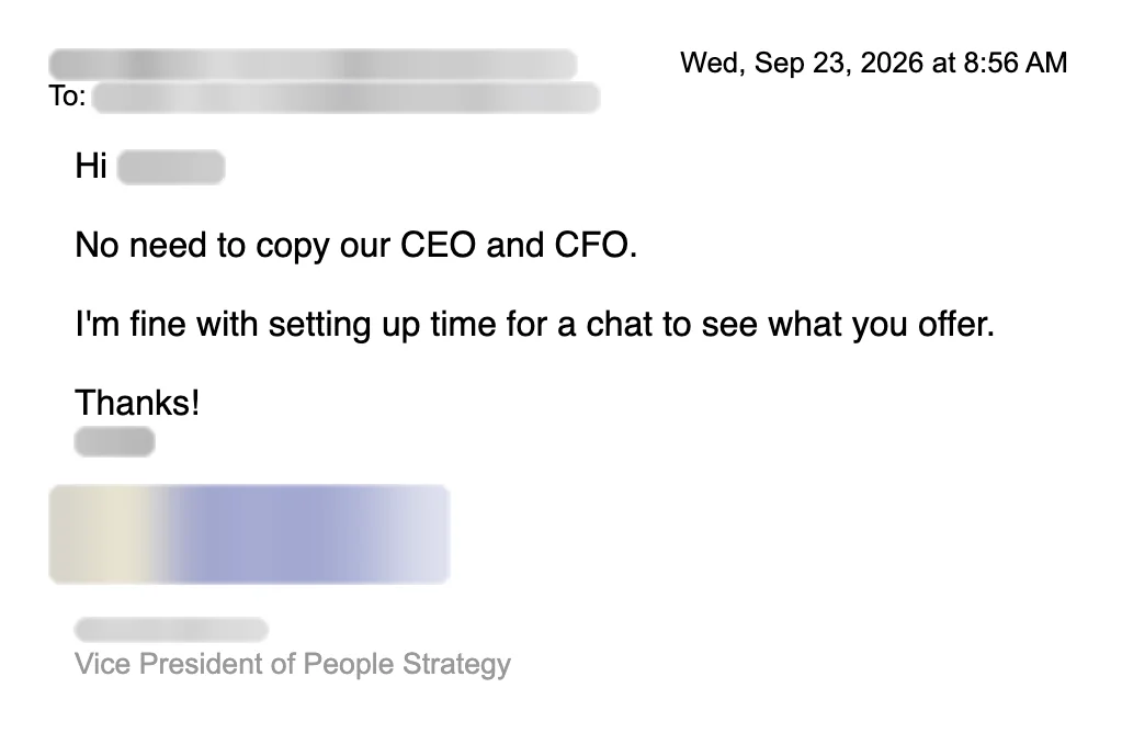 Email reply asking for a meeting. Names blurred.